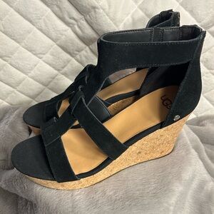 UGG Whitney Black Suede Leather Strappy Wedge Sandal Women’s size 9.5